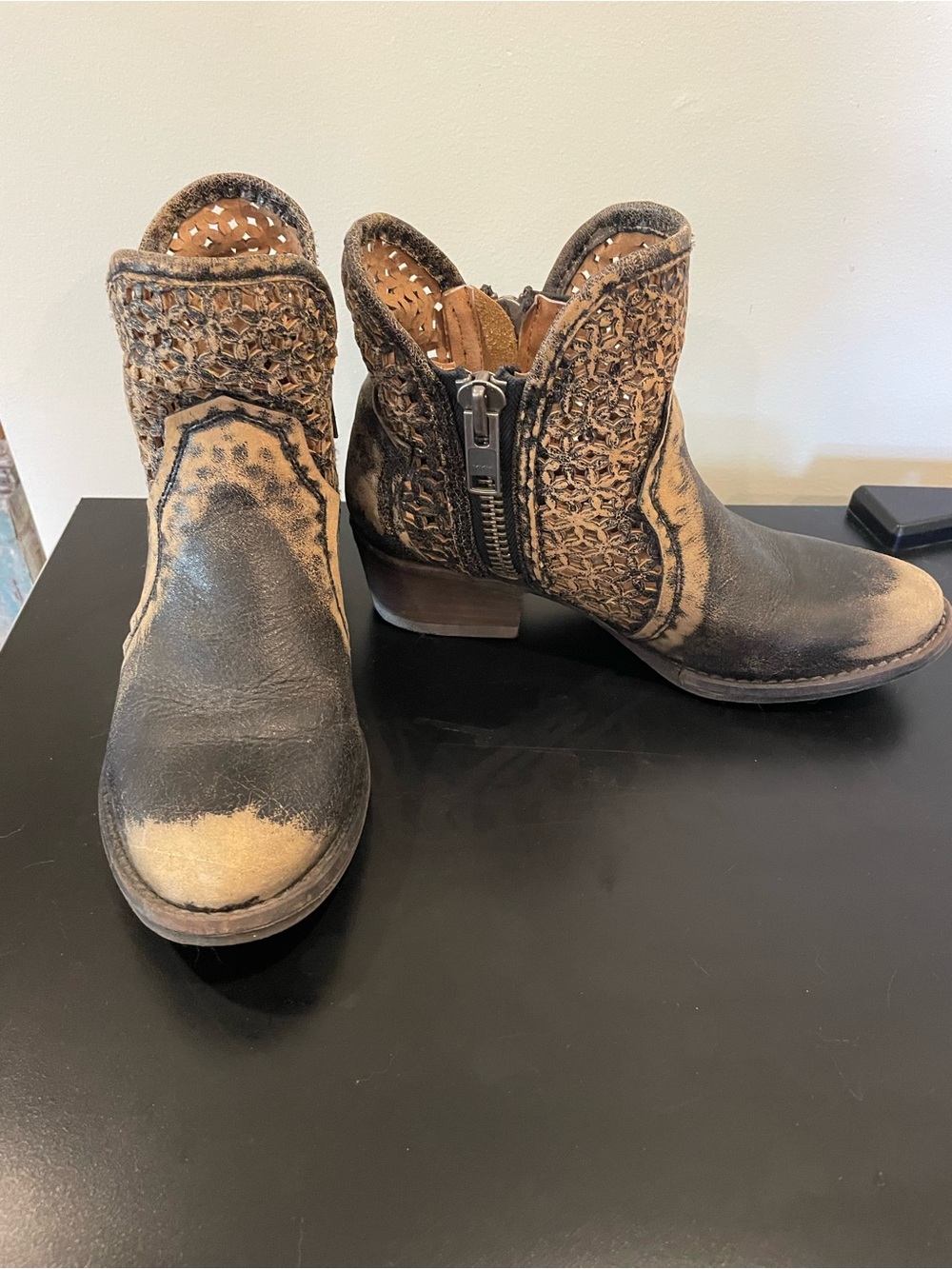 Circle G Black and Tan Woven Leather Ankle Boots with Side Zip